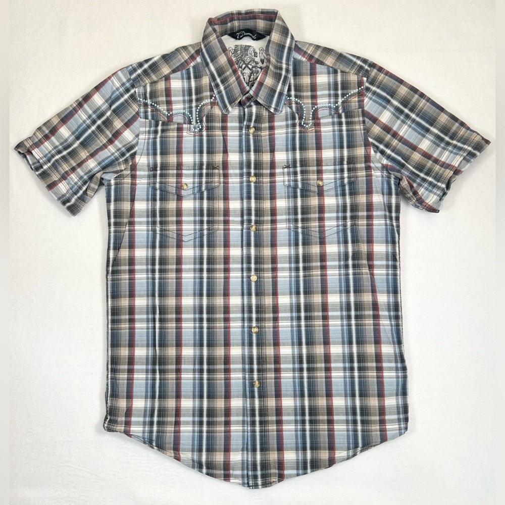 7 DIAMONDS Mens Short Sleeve Western Plaid Pearl Snap Rodeo Cowboy M Yellowstone